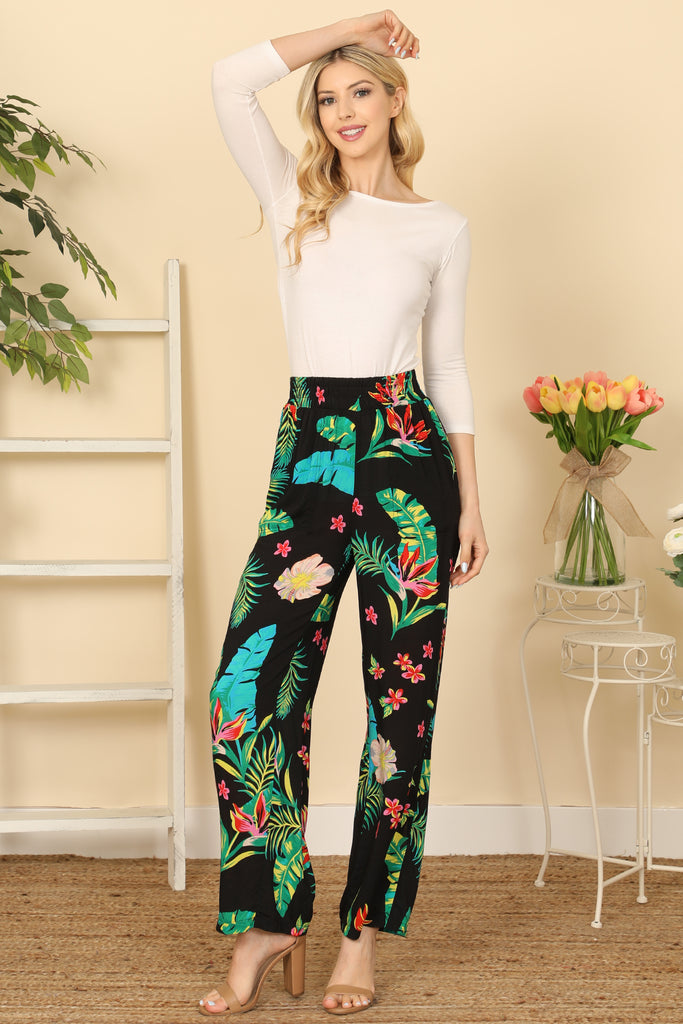 Tropical Elastic Waist Side Pocket Pants