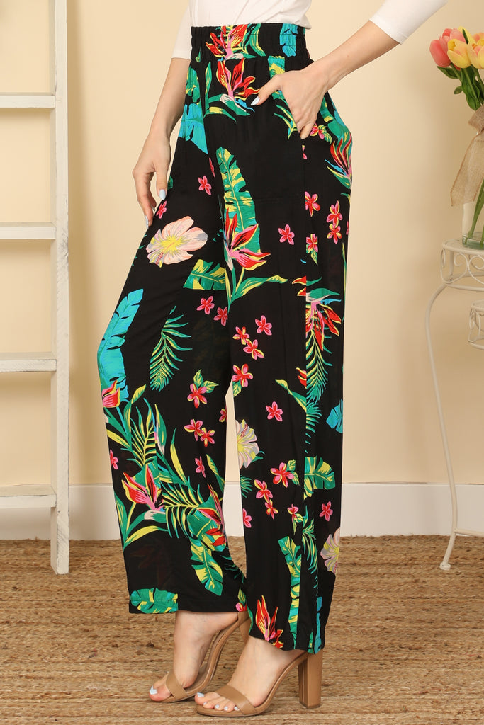 Tropical Elastic Waist Side Pocket Pants