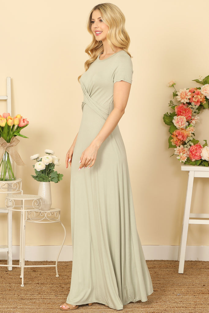 SHORT SLEEVE ROUND NECK CROSS FRONT SOLID MAXI DRESS