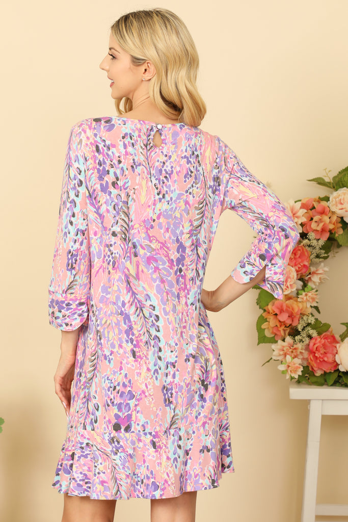 MULTI QUARTER SLEEVE ROUND NECK PRINTED DRESS