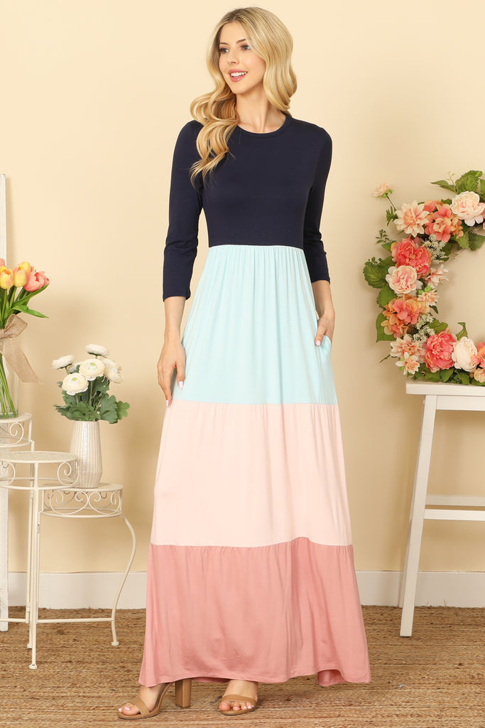 QUARTER SLEEVE COLOR BLOCK MAXI DRESS