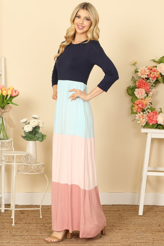 QUARTER SLEEVE COLOR BLOCK MAXI DRESS
