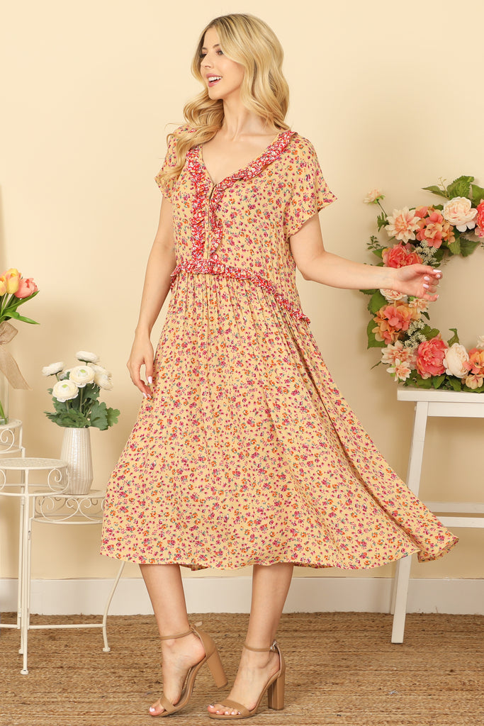 SURPLICE SPAGHETTI STRAP SMOCKED WAIST FLORAL DRESS
