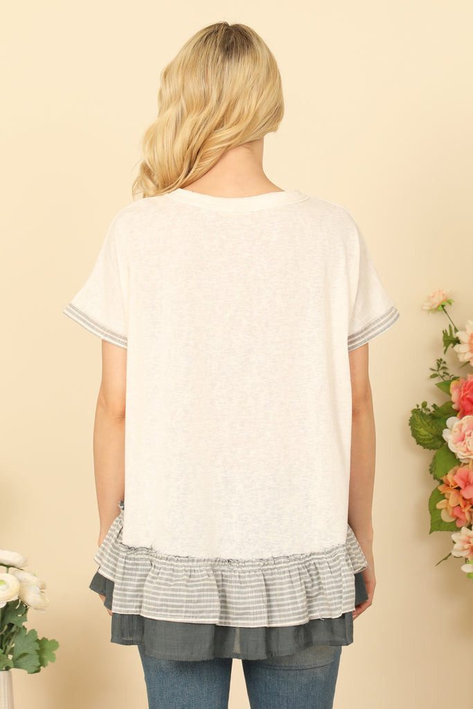 SHORT SLEEVE STRIPE LAYERED RUFFLE HEM TOP