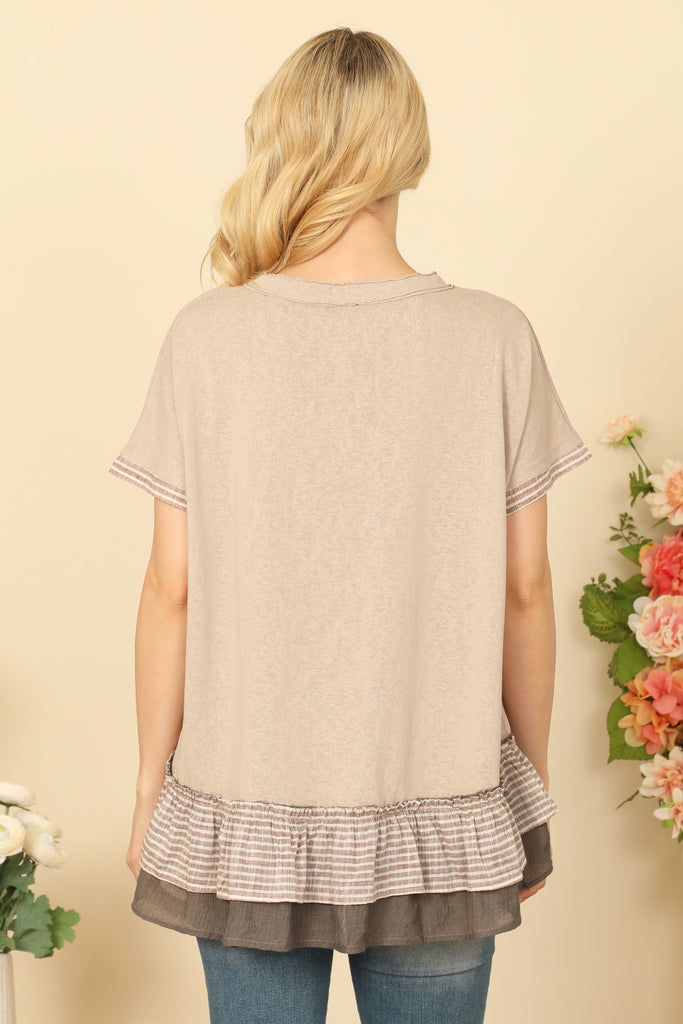SHORT SLEEVE STRIPE LAYERED RUFFLE HEM TOP