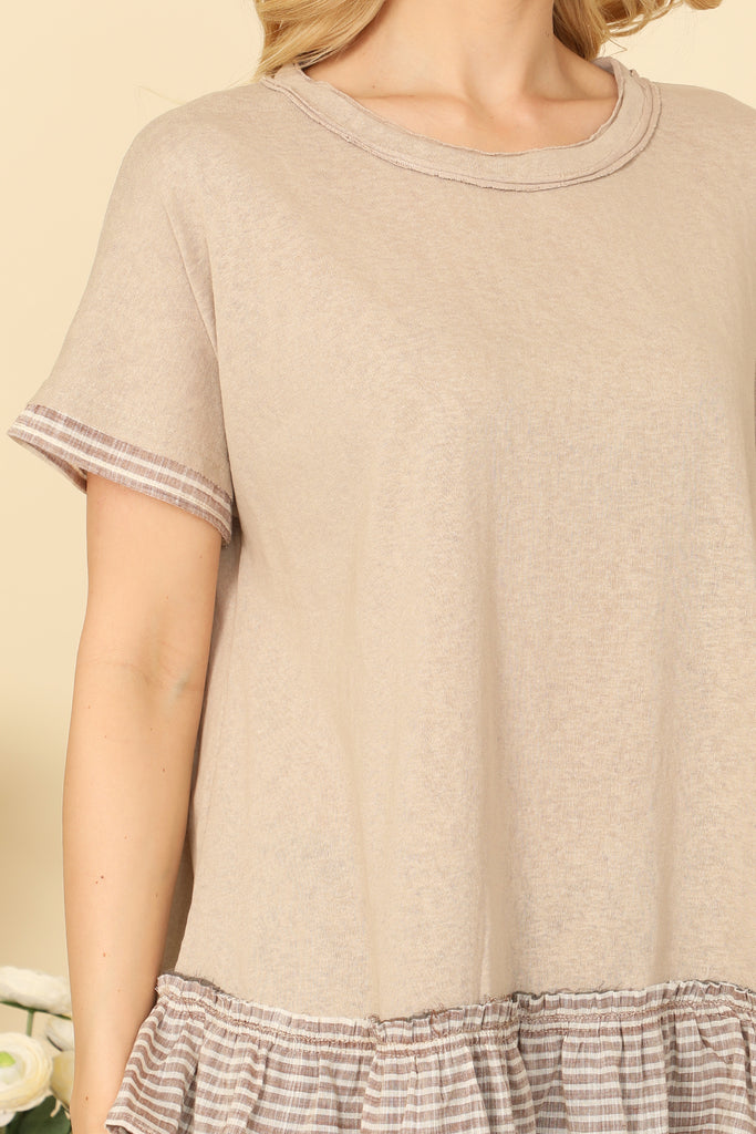 SHORT SLEEVE STRIPE LAYERED RUFFLE HEM TOP