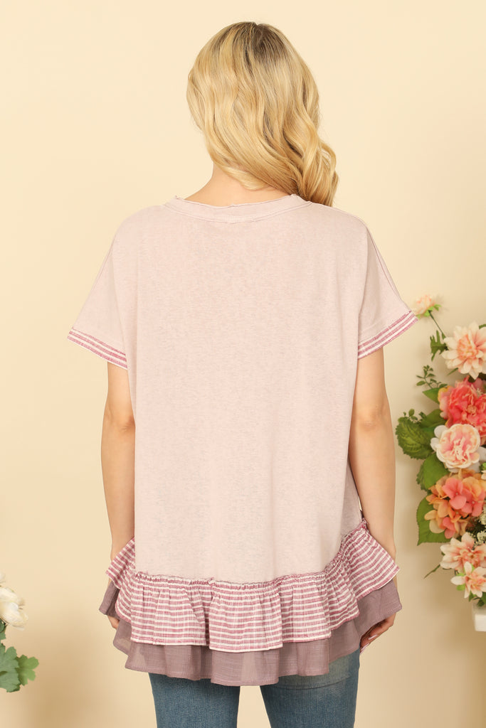 SHORT SLEEVE STRIPE LAYERED RUFFLE HEM TOP