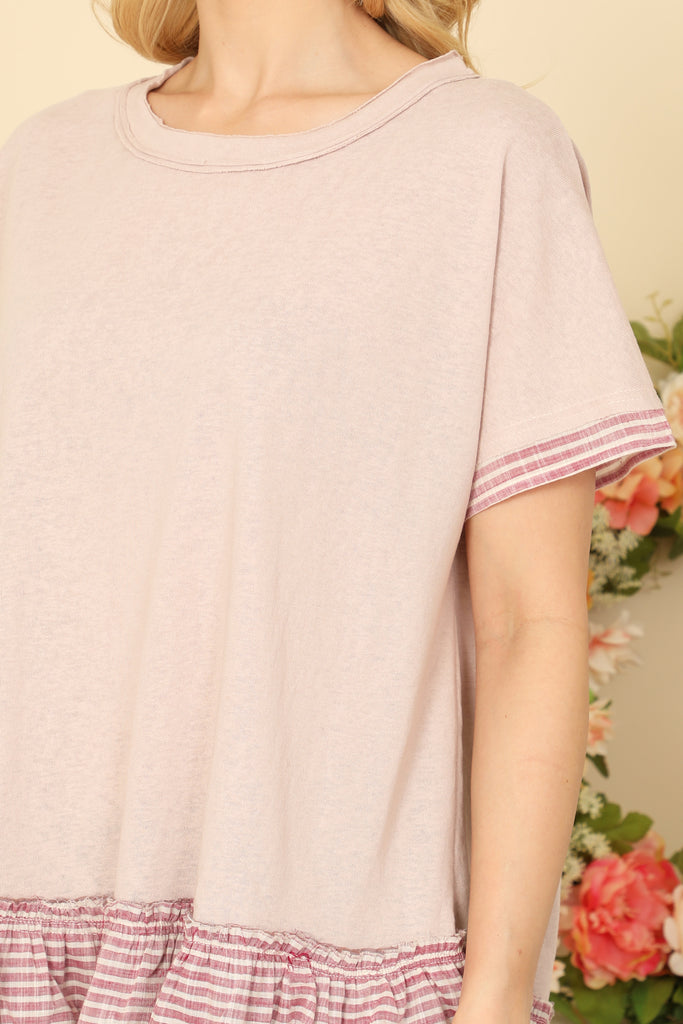 SHORT SLEEVE STRIPE LAYERED RUFFLE HEM TOP