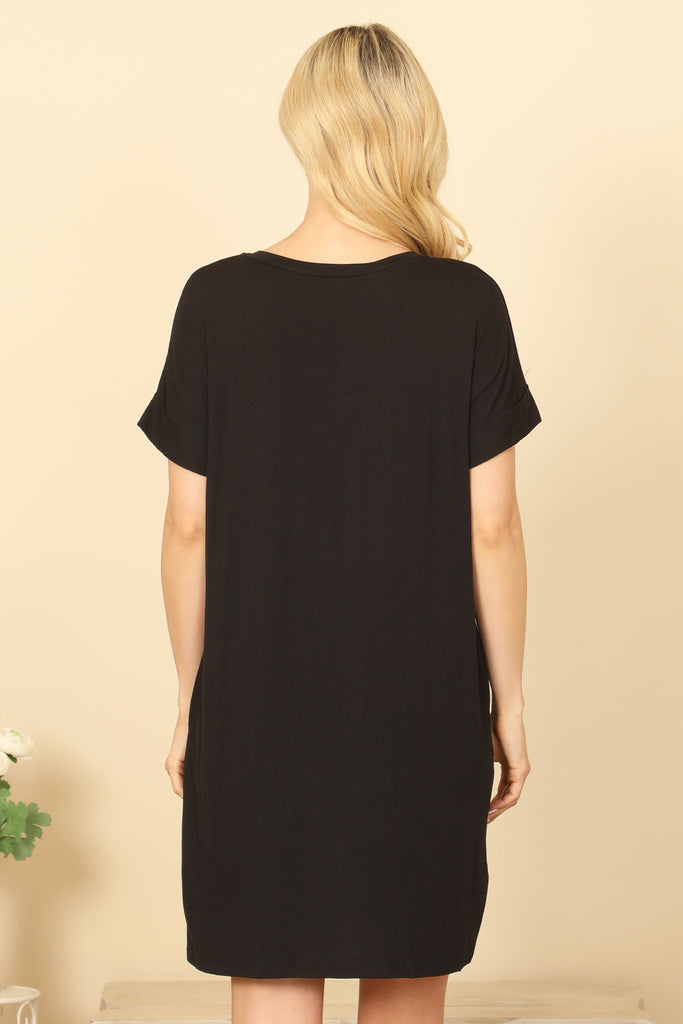 V-NECK SHORT SLEEVE SIDE POCKET SOLID MINI DRESS