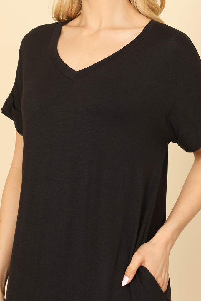 V-NECK SHORT SLEEVE SIDE POCKET SOLID MINI DRESS