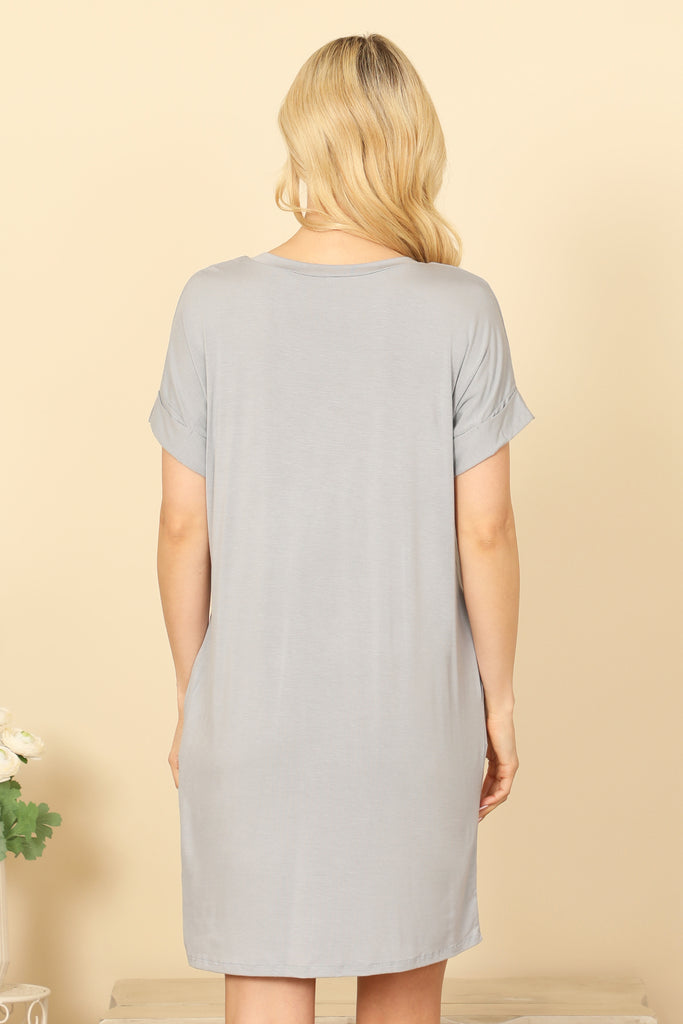 V-NECK SHORT SLEEVE SIDE POCKET SOLID MINI DRESS