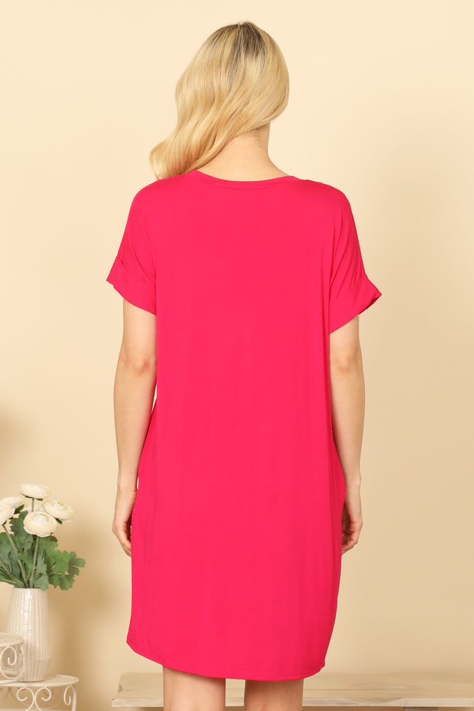 V-NECK SHORT SLEEVE SIDE POCKET SOLID MINI DRESS