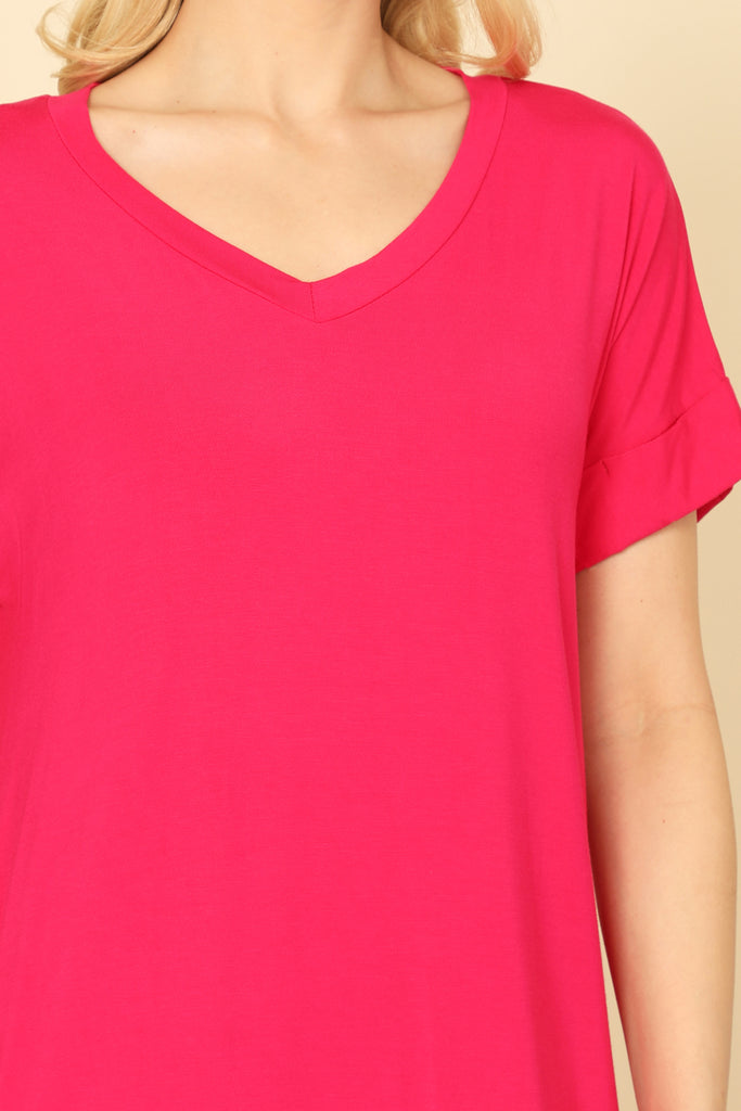 V-NECK SHORT SLEEVE SIDE POCKET SOLID MINI DRESS