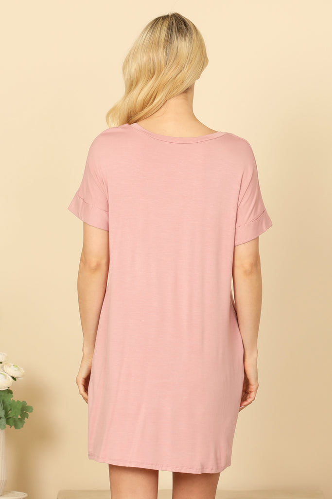 V-NECK SHORT SLEEVE SIDE POCKET SOLID MINI DRESS