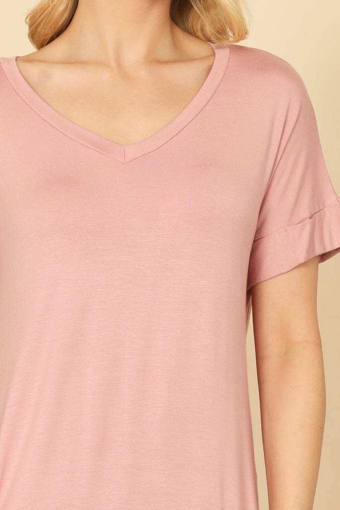 V-NECK SHORT SLEEVE SIDE POCKET SOLID MINI DRESS