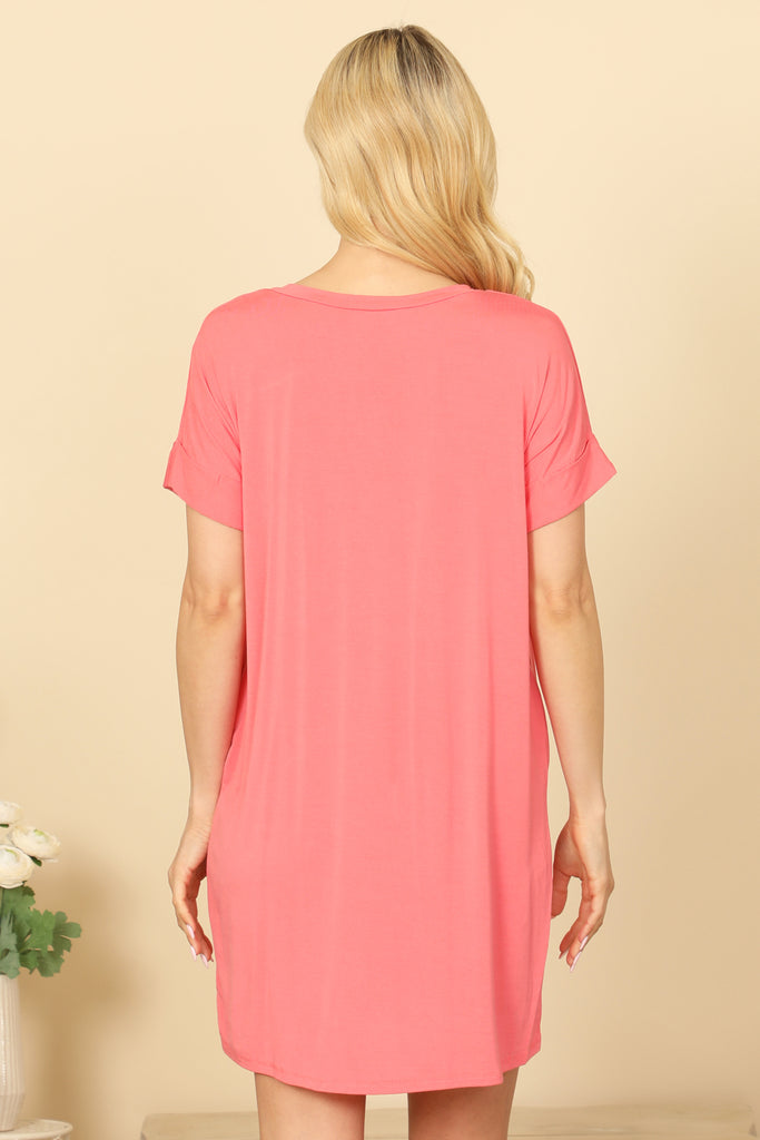 V-NECK SHORT SLEEVE SIDE POCKET SOLID MINI DRESS