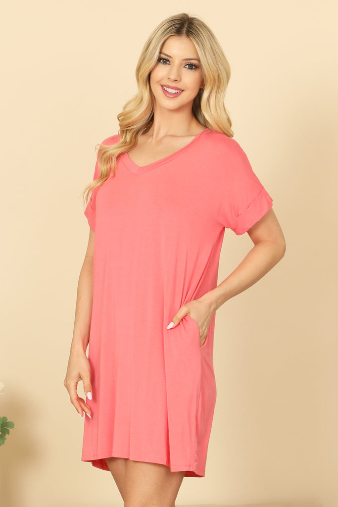 V-NECK SHORT SLEEVE SIDE POCKET SOLID MINI DRESS