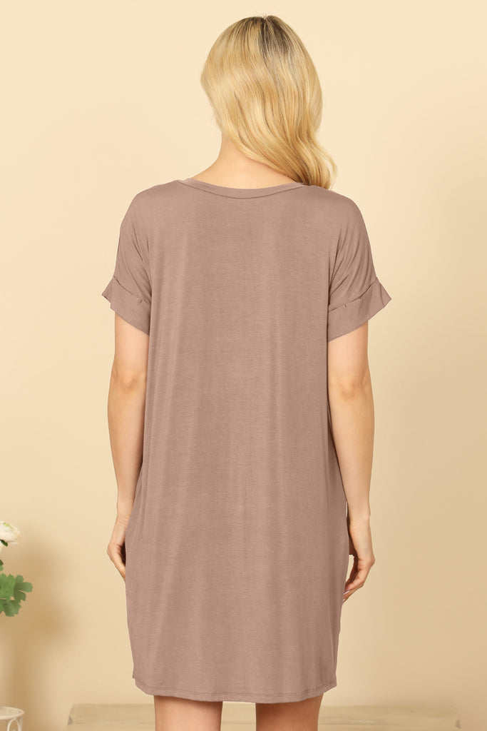 V-NECK SHORT SLEEVE SIDE POCKET SOLID MINI DRESS