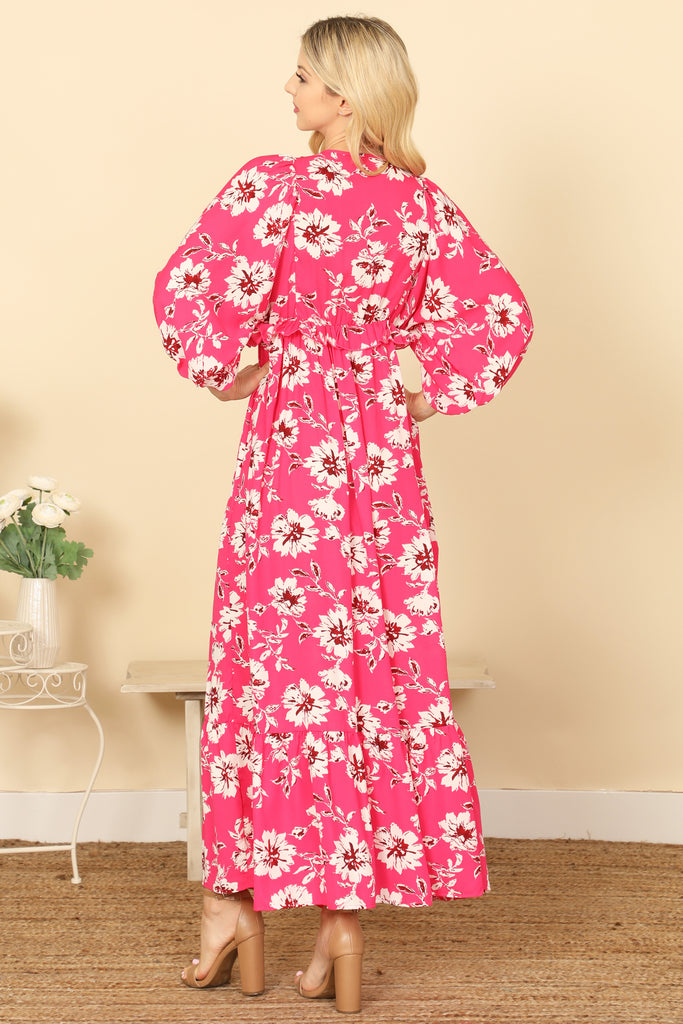 QUARTER PUFF SLEEVE V-NECK FLORAL MAXI DRESS