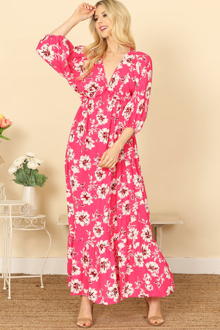 Bell Sleeve Front Tie Cut-Out Slit Printed Maxi Dress