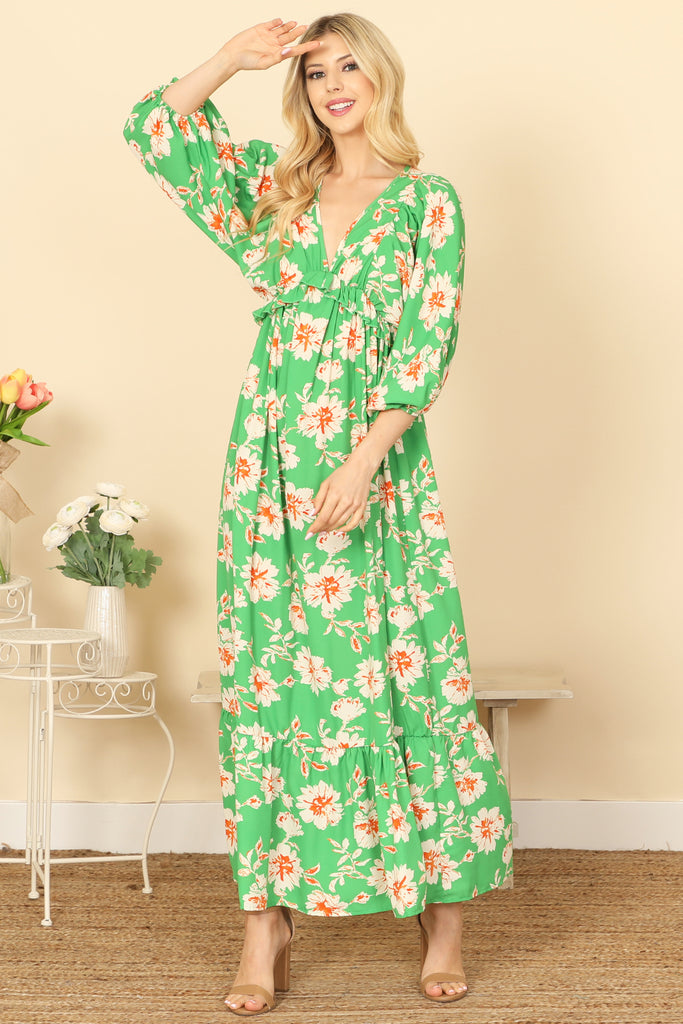 QUARTER PUFF SLEEVE V-NECK FLORAL MAXI DRESS