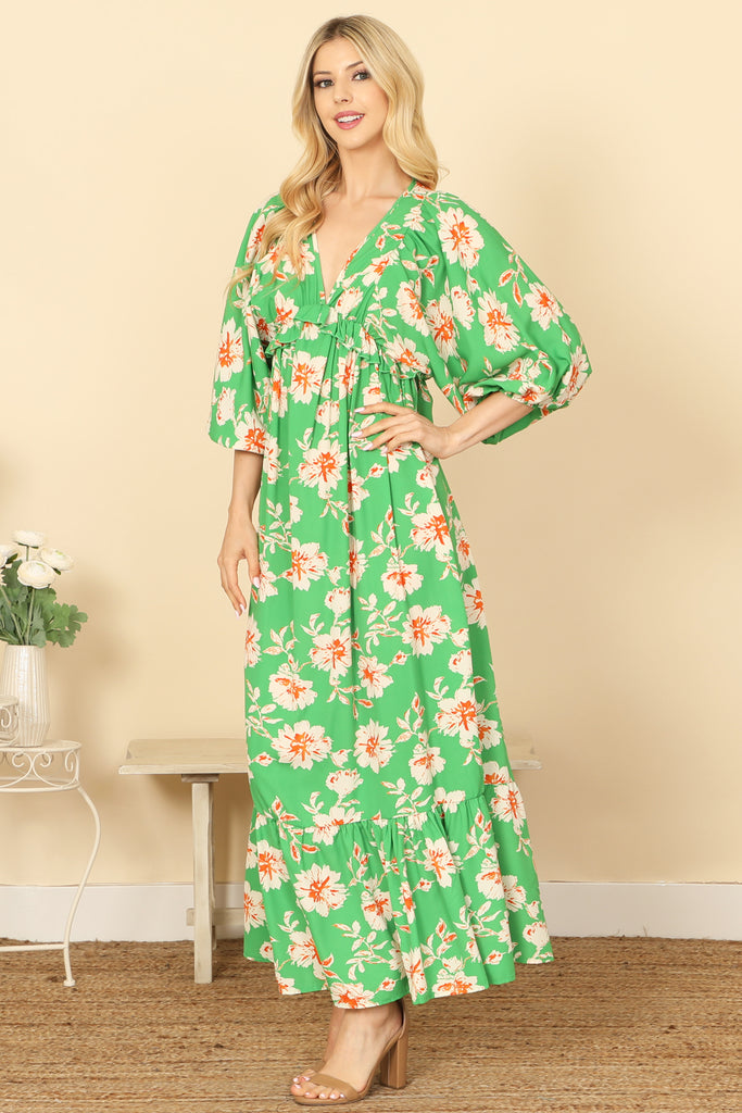 QUARTER PUFF SLEEVE V-NECK FLORAL MAXI DRESS