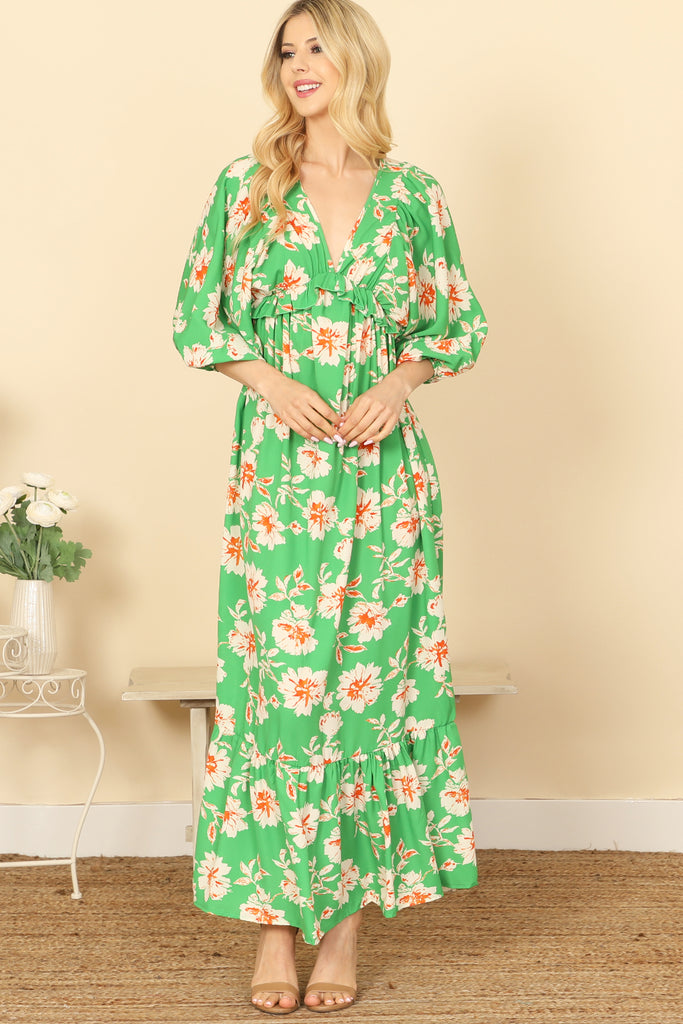 QUARTER PUFF SLEEVE V-NECK FLORAL MAXI DRESS