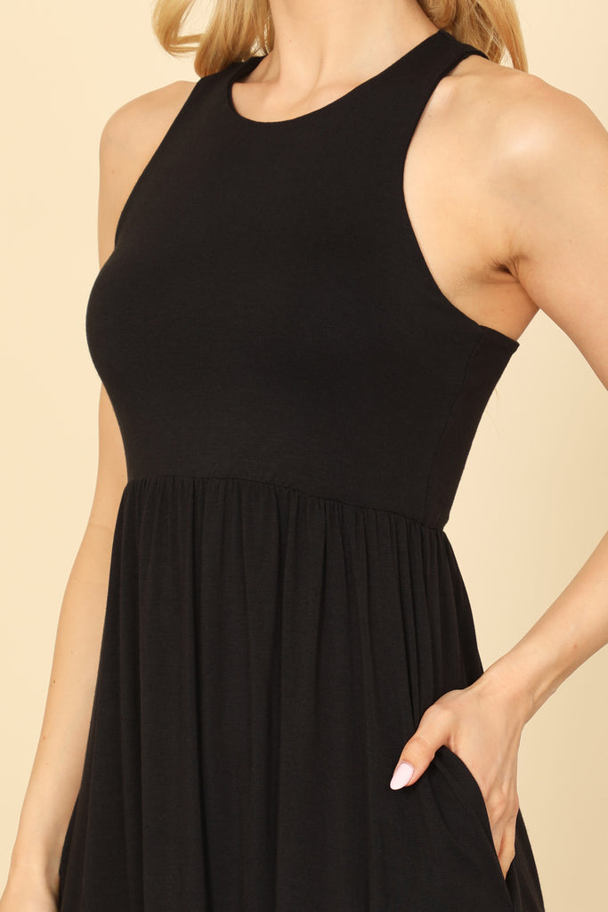 PLEATED WAIST SIDE POCKET CURVE HEM MINI TANK DRESS