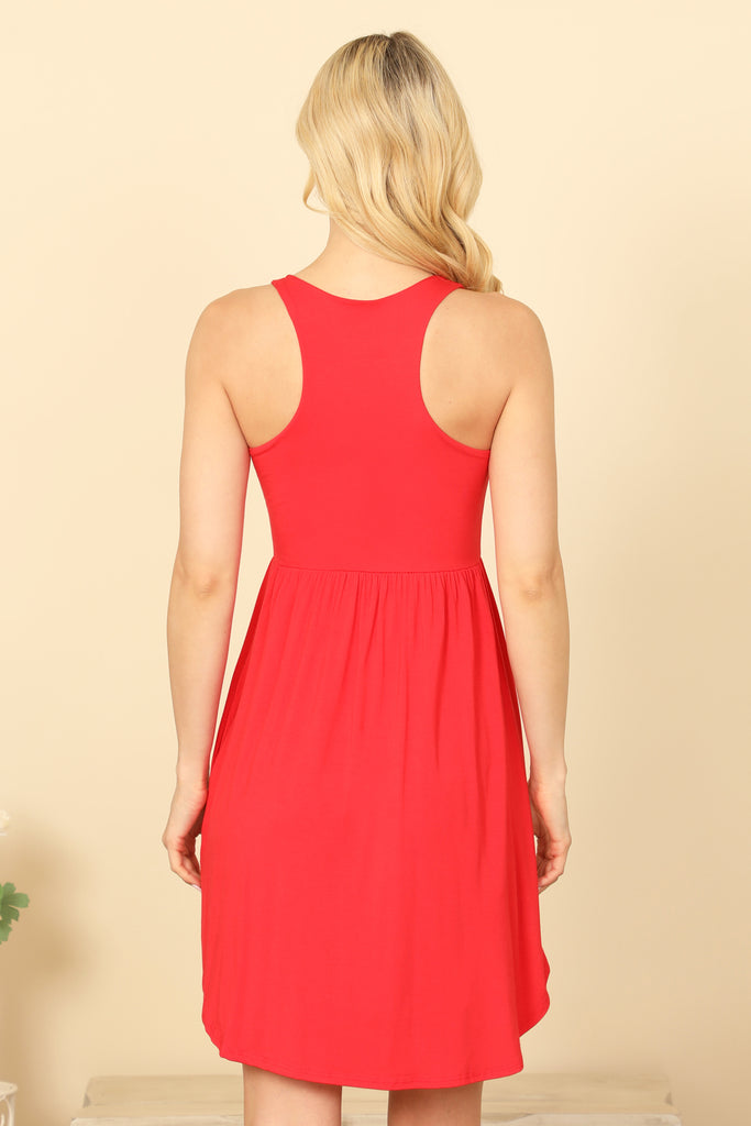 PLEATED WAIST SIDE POCKET CURVE HEM MINI TANK DRESS