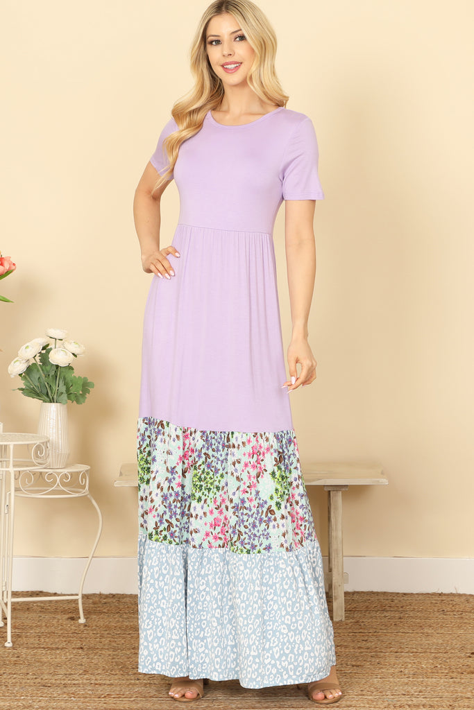 SHORT SLEEVE SOLID COLOR BLOCK FLORAL-LEOPARD HEM MAXI DRESS