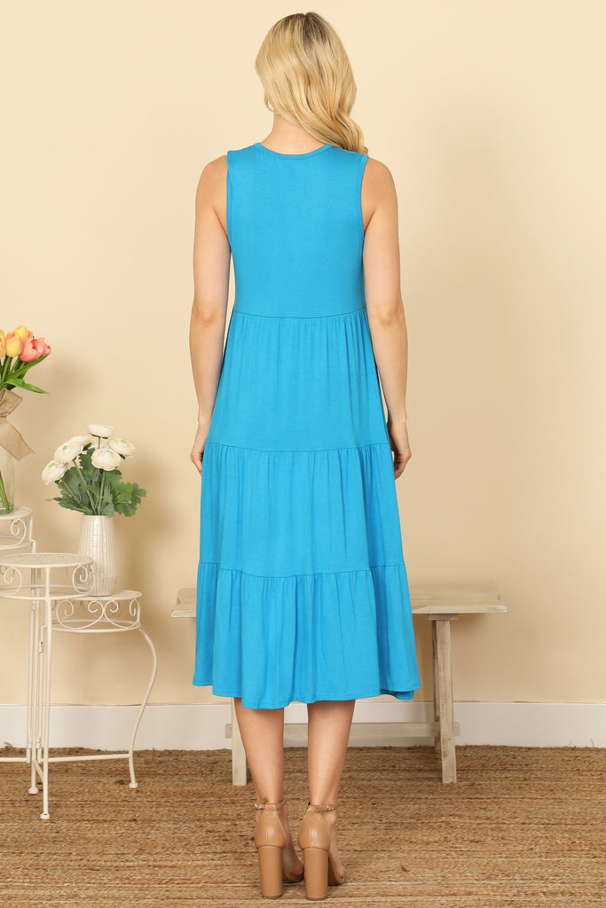 ROUND NECK SLEEVELESS TIERED SOLID DRESS