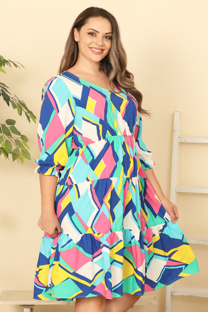 PLUS SIZE V-NECK QUARTER SLEEVE PRINTED DRESS