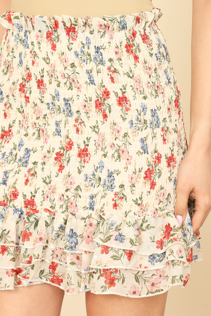 FLORAL RUFFLE HEM SMOCKED SKIRT