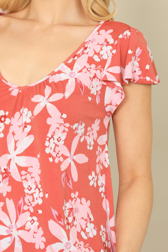 FLORAL SCOOP NECK RUFFLE SHORT SLEEVE TOP