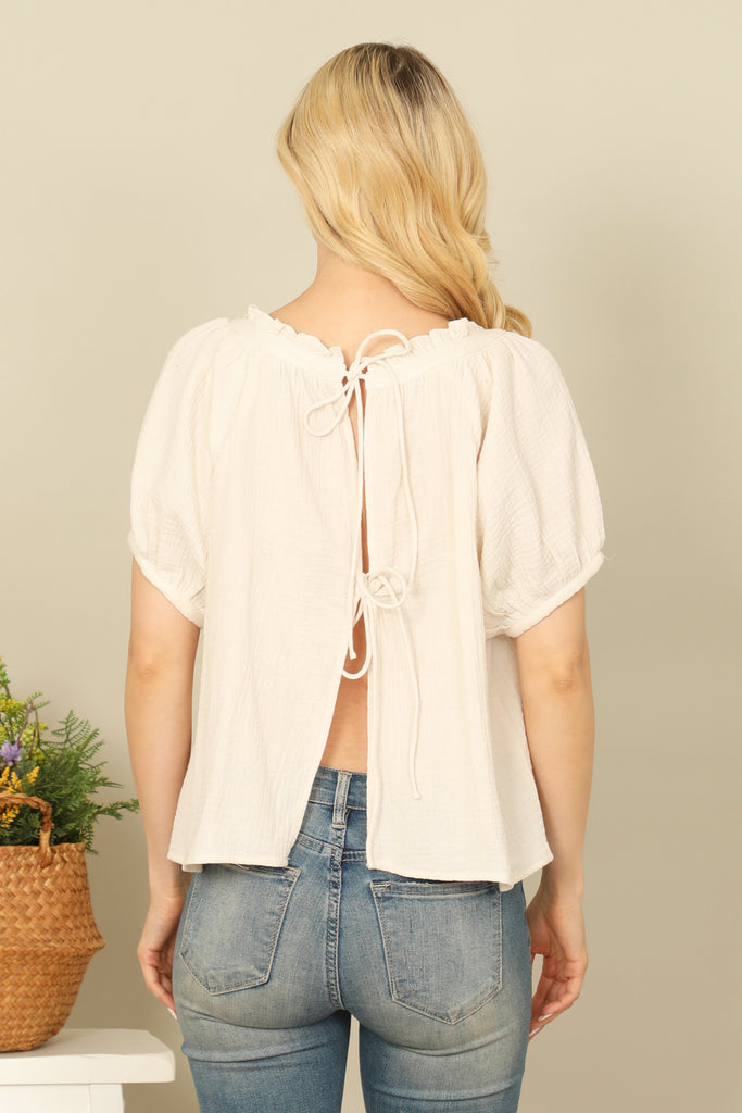 SHORT PUFF SLEEVE RUFFLE NECK BACK TIE SOLID HANGING TOP