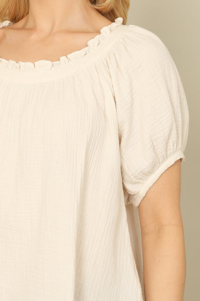 SHORT PUFF SLEEVE RUFFLE NECK BACK TIE SOLID HANGING TOP