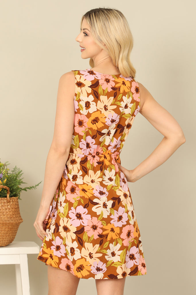MULTI SLEEVELESS SIDE TIE WRAP FLORAL DRESS