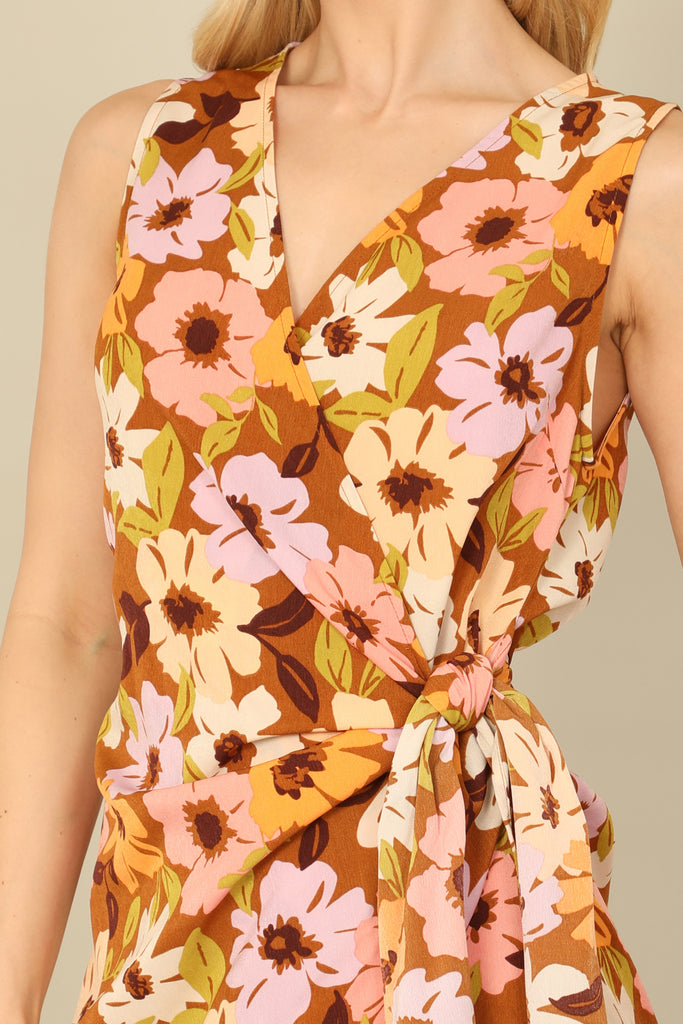 MULTI SLEEVELESS SIDE TIE WRAP FLORAL DRESS
