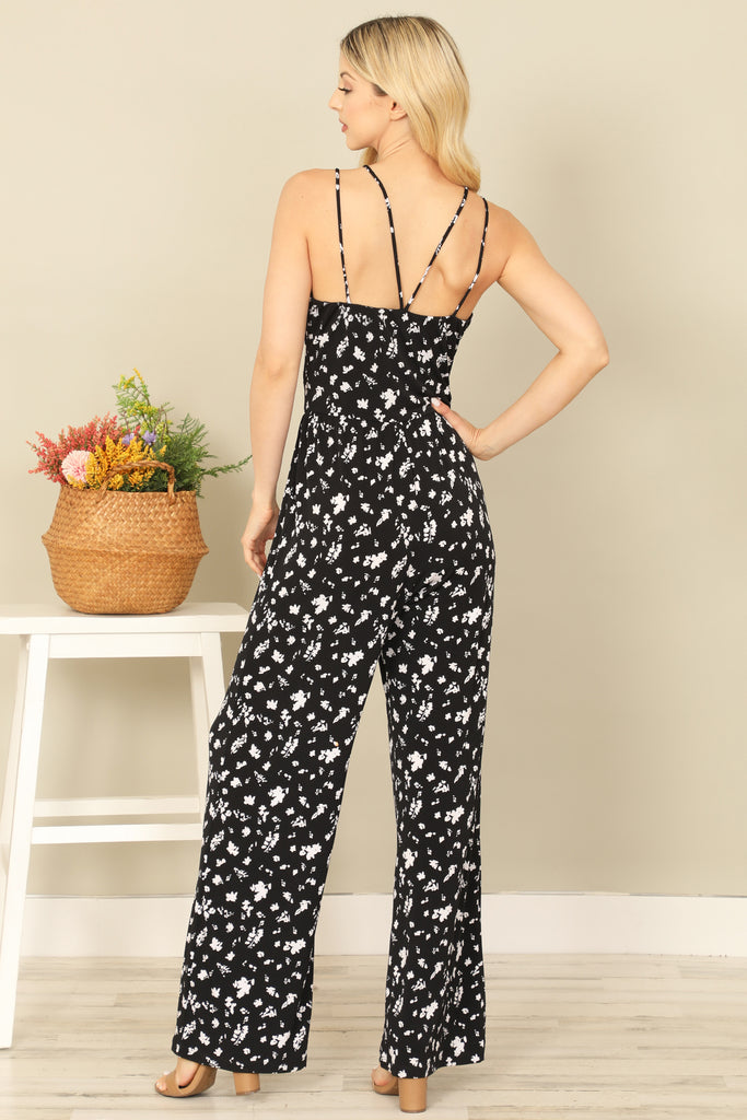 Y-NECK SPAGHETTI STRAP SIDE POCKET FLORAL JUMPSUIT