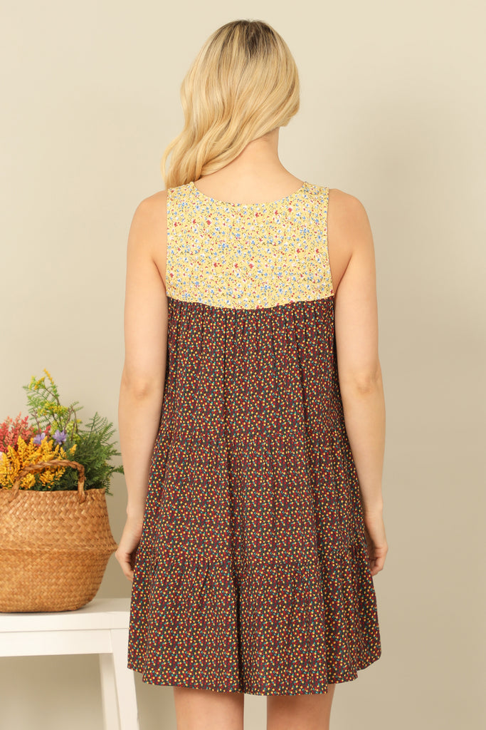 SLEEVELESS KEYHOLE TIE BABYDOLL PRINTED MINI DRESS