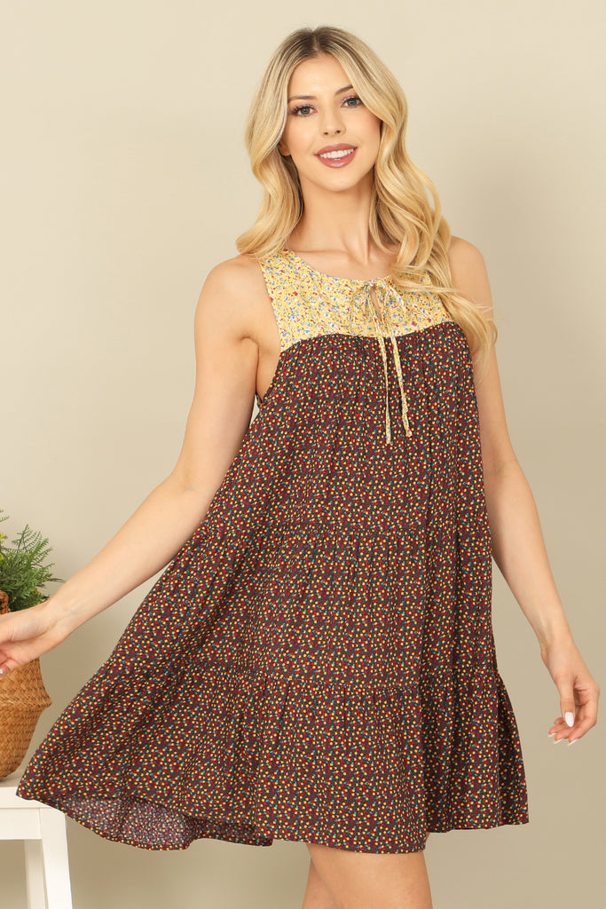 SLEEVELESS KEYHOLE TIE BABYDOLL PRINTED MINI DRESS