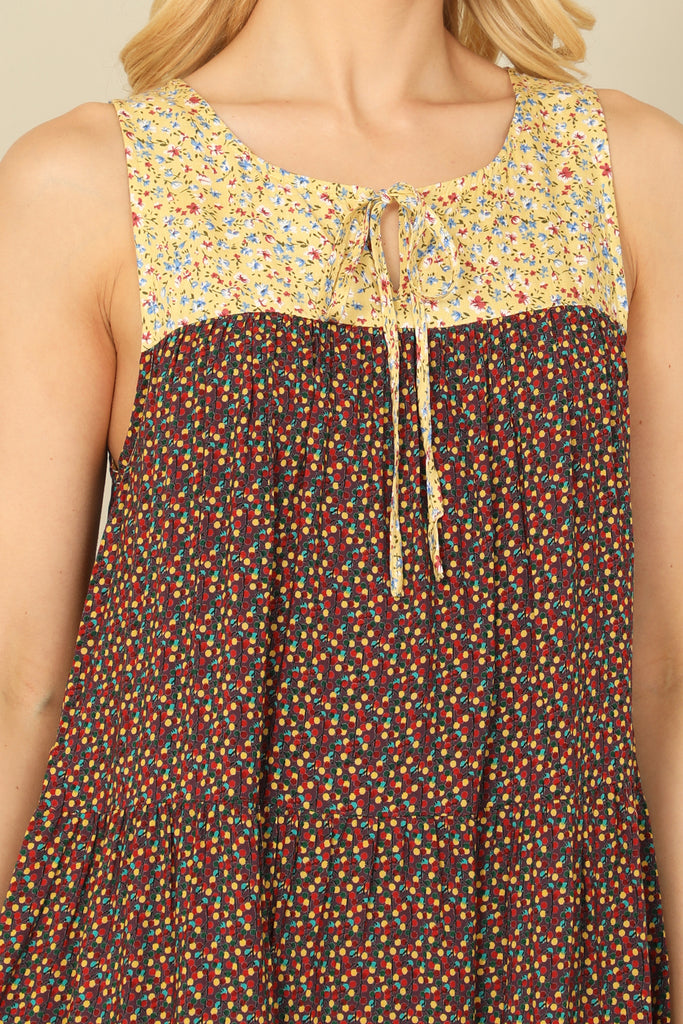 SLEEVELESS KEYHOLE TIE BABYDOLL PRINTED MINI DRESS