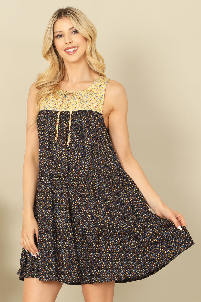 SLEEVELESS KEYHOLE TIE BABYDOLL PRINTED MINI DRESS