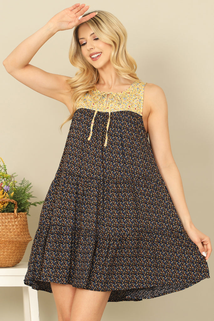 SLEEVELESS KEYHOLE TIE BABYDOLL PRINTED MINI DRESS