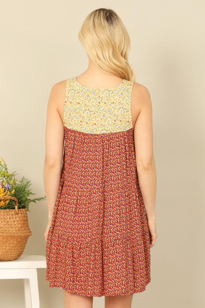 SLEEVELESS KEYHOLE TIE BABYDOLL PRINTED MINI DRESS