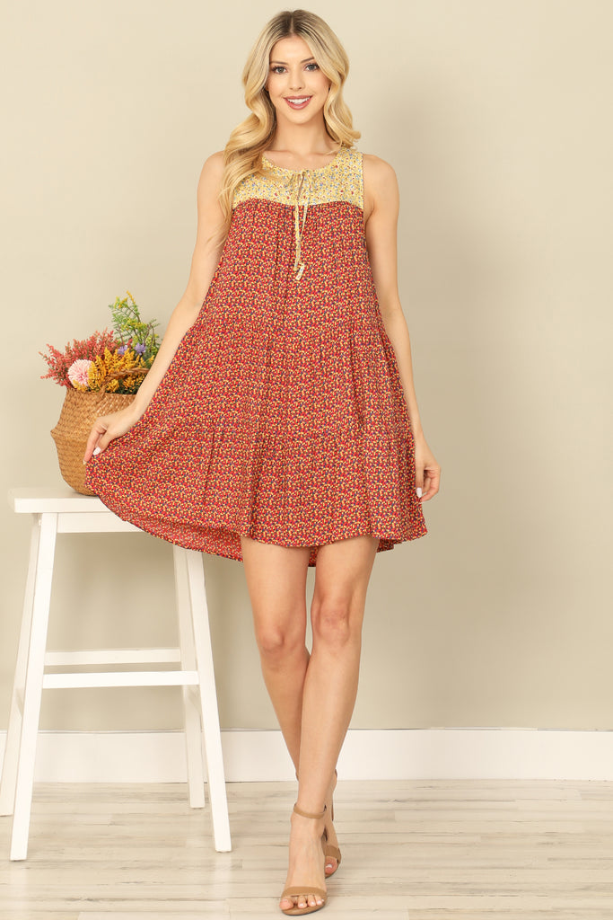 SLEEVELESS KEYHOLE TIE BABYDOLL PRINTED MINI DRESS