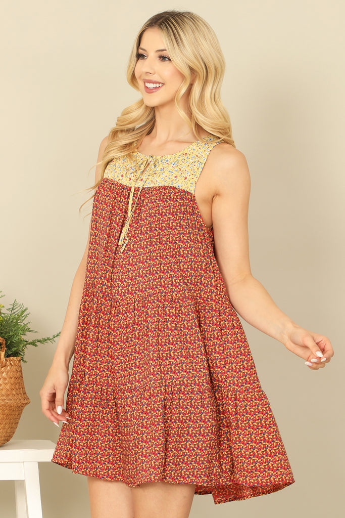 SLEEVELESS KEYHOLE TIE BABYDOLL PRINTED MINI DRESS