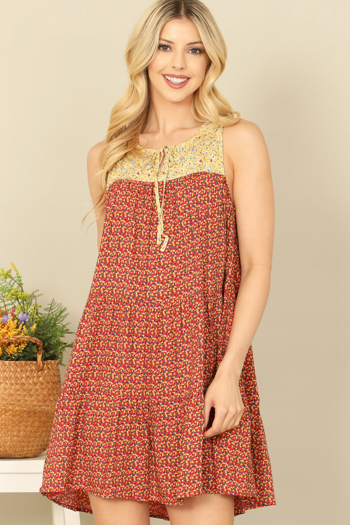 SLEEVELESS KEYHOLE TIE BABYDOLL PRINTED MINI DRESS