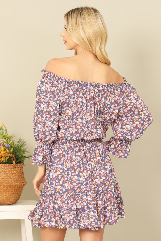FLORAL OFF SHOULDER ELASTIC WAIST LONG SLEEVE RUFFLE DRESS