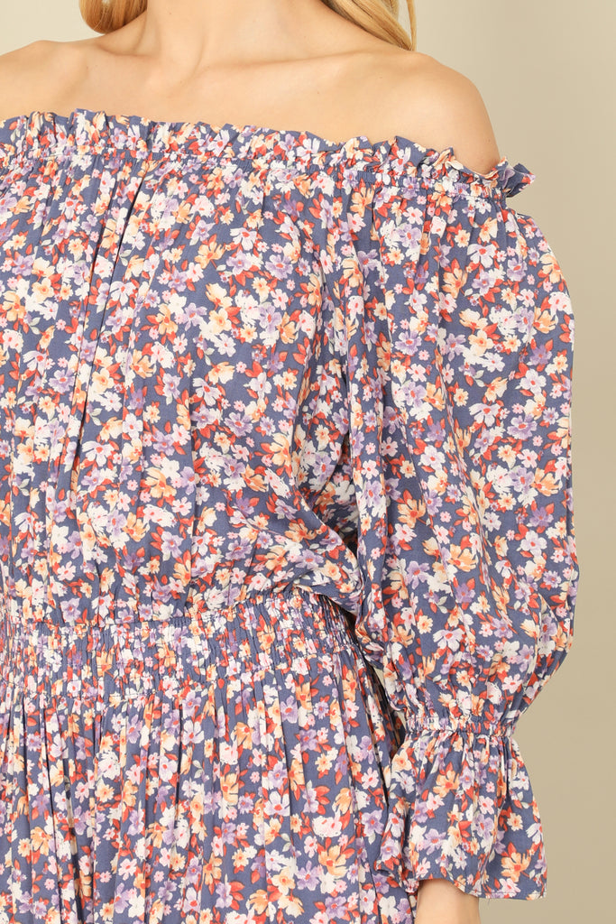 FLORAL OFF SHOULDER ELASTIC WAIST LONG SLEEVE RUFFLE DRESS